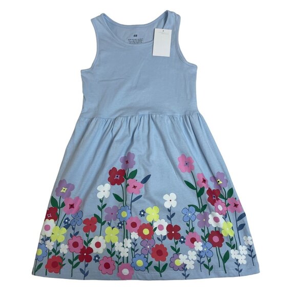 H&M Girls Sleeveless Blue Floral Print Summer Dress Size 6X-7 - New - Picture 1 of 5